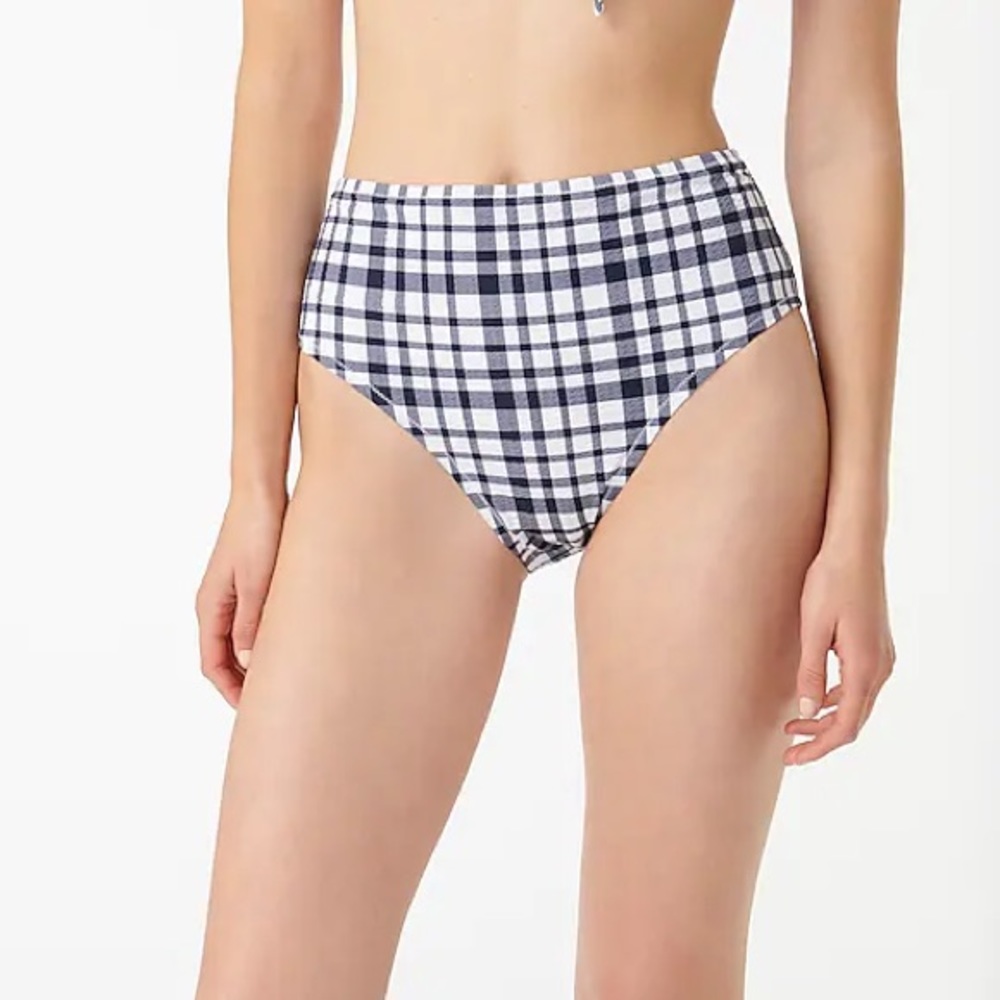 J Crew High-waisted bikini bottom in marine plaid